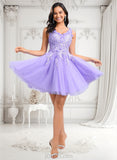 Raquel Ball-Gown/Princess V-Neck Short Lace Tulle Homecoming Dress With Flower JLP0025656