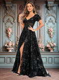 Krista A-line V-Neck Sweep Train Floral Lace Prom Dresses With Sequins JLP0025869