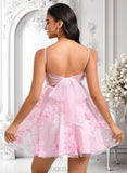 Elaina A-line Straight Mini Lace Homecoming Dress With Bow Flower JLP0025670