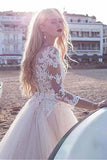 Tulle Scoop Neckline Pink A-line Lace Appliques Long Sleeves Bowknot Wedding Dresses JS311