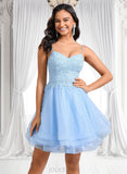 Lara A-line V-Neck Short Lace Tulle Homecoming Dress With Rhinestone Sequins JLP0025658