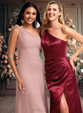 Abbey A-line One Shoulder Floor-Length Stretch Satin Bridesmaid Dress With Bow JLP0025758