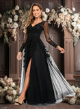 Allison A-line V-Neck Floor-Length Tulle Prom Dresses With Sequins Appliques Lace Beading JLP0025834