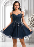 Miah A-line V-Neck Short Tulle Lace Homecoming Dress With Sequins JLP0025642