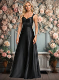 Jacey A-line V-Neck Floor-Length Stretch Satin Prom Dresses With Bow JLP0025882