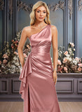 Claire A-line One Shoulder Floor-Length Stretch Satin Bridesmaid Dress With Ruffle JLP0025768