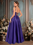 Britney Ball-Gown/Princess Scoop Floor-Length Satin Prom Dresses With Appliques Lace Beading JLP0025865