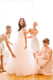 A-Line Short Sleeve Long Ivory Tulle Sweetheart Beaded Cute Backless Wedding Dresses UK JS335