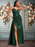 Makena A-line V-Neck Floor-Length Stretch Satin Bridesmaid Dress JLP0025745