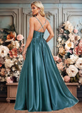 Carlee A-line V-Neck Floor-Length Stretch Satin Bridesmaid Dress JLP0025786