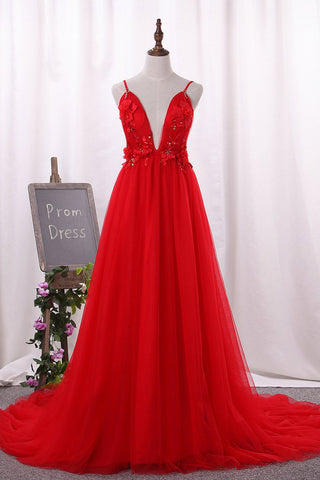 Prom Dresses Spaghetti Straps Tulle With Applique And Handmade Flower