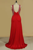 V Neck Open Back Sheath Spandex Prom Dresses With Beads Sweep Train