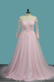 A Line Tulle Long Sleeves Scoop Wedding Dresses With Applique And Sash Sweep Train