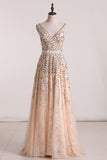 New Prom Dresses Beaded Bodice And Tulle Skirt V-Neck Zipper Back