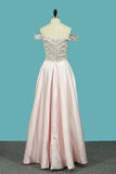 A Line Satin Off The Shoulder Prom Dresses With Beading Floor Length