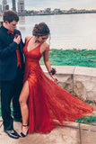 Sparkly V Neck A Line Red Spaghetti Straps Prom Dresses with Slit, Evening SJS20447