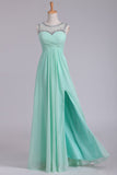 Mint Scoop A Line Prom Dresses Chiffon With Beads & Ruffles Floor Length