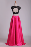 Two Pieces Prom Dresses Scoop Open Back Satin & Lace A Line