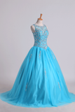 Scoop Quinceanera Dresses Open Back Beaded Bodice Tulle Lace Up