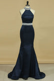 Satin Prom Dresses Halter Open Back With Beading Sweep Train