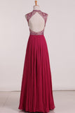 Scoop Beaded Bodice Open Back Prom Dresses A Line Chiffon