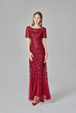 Elegant Mermaid Burgundy Tulle Prom Dresses Round Neck Long Evening Dresses SJS15176