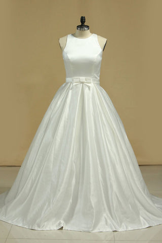 Open Back Scoop A Line Wedding Dresses Satin Sweep Train