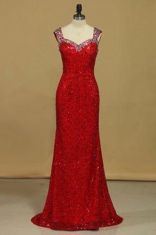 Sheath Straps Prom Dresses Sequins With Beads Floor Length