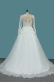 Long Sleeves Scoop Tulle A Line Wedding Dresses With Applique Court Train