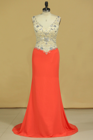 V Neck Prom Dresses Sheath Spandex Sweep Train With Beading