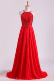 Red Spaghetti Straps Beaded Bodice A-Line Chiffon Prom Dresses