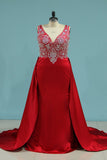 Satin V Neck Beaded Bodice Prom Dresses Sheath Court Train