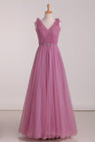 V Neck Ruched Bodice Beaded Waistline Bridesmaid Dresses Tulle A Line