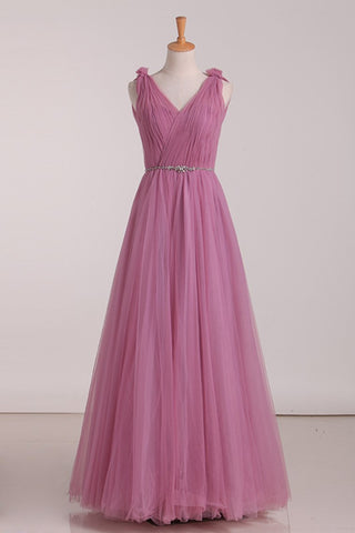 V Neck Ruched Bodice Beaded Waistline Bridesmaid Dresses Tulle A Line