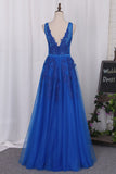 V Neck Prom Dresses A Line Tulle With Applique Open Back