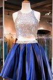 Two-Piece Scoop-Neck A Line Satin Cocktail Dresses Zipper Up Beaded Bodice