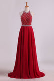 A Line Halter Open Back Prom Dresses Sweep Train Chiffon & Tulle With Beading