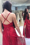 Sparkly V Neck A Line Red Spaghetti Straps Prom Dresses with Slit, Evening SJS20447