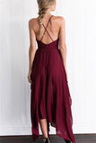 Flowy Spaghetti Straps V-Neck Open Back Simple Brugundy Prom Dresses