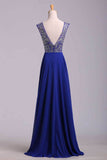 Hot Selling Prom Dresses Dark Royal Blue A-Line Scoop Floor-Length Chiffon