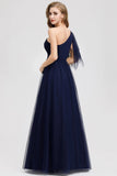 Simple A Line One Shoulder Navy Blue Tulle Prom Dresses Cheap Formal Dresses SJS15382