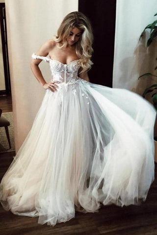 Unique Off The Shoulder Ivory Long Wedding Dress With Appliques Sweetheart Wedding SJSPMJM4785