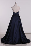 Satin Prom Dresses Halter A Line Beaded Waistline Sweep Train