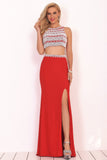 Two-Piece Scoop Prom Dresses Spandex With Beads And Slit