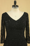 Black Mother Of The Bride Dresses V Neck Chiffon With Beads 3/4 Length Sleeve