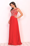 Scoop Prom Dresses A Line Beaded Bodice Floor Length Chiffon