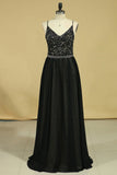 Spaghetti Straps Open Back Prom Dresses Chiffon With Applique And Beads