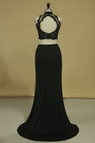 High Neck Two-Piece Spandex Sheath With Beads And Applique Open Back Prom Dresses