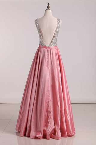 Taffeta Prom Dresses V Neck Beaded Bodice A Line Floor Length