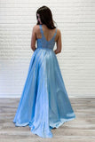 Flowy A-line V Neck Lace Long Prom Dresses Blue Satin Open Back Evening Party Dresses SJS15229